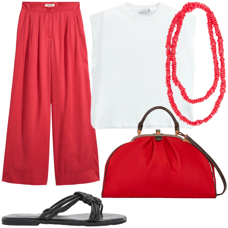 Outfit donna - Rosso in ufficio. Stile Casual per Ufficio. Abbinamento con pantaloni, sandali, top, collane, borse a spalla.