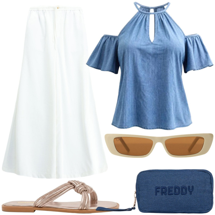 Outfit donna - Colazione in centro. Stile Casual per Tutti i giorni. Abbinamento con sandali, occhiali da sole, pantaloni a palazzo, top, pochette.