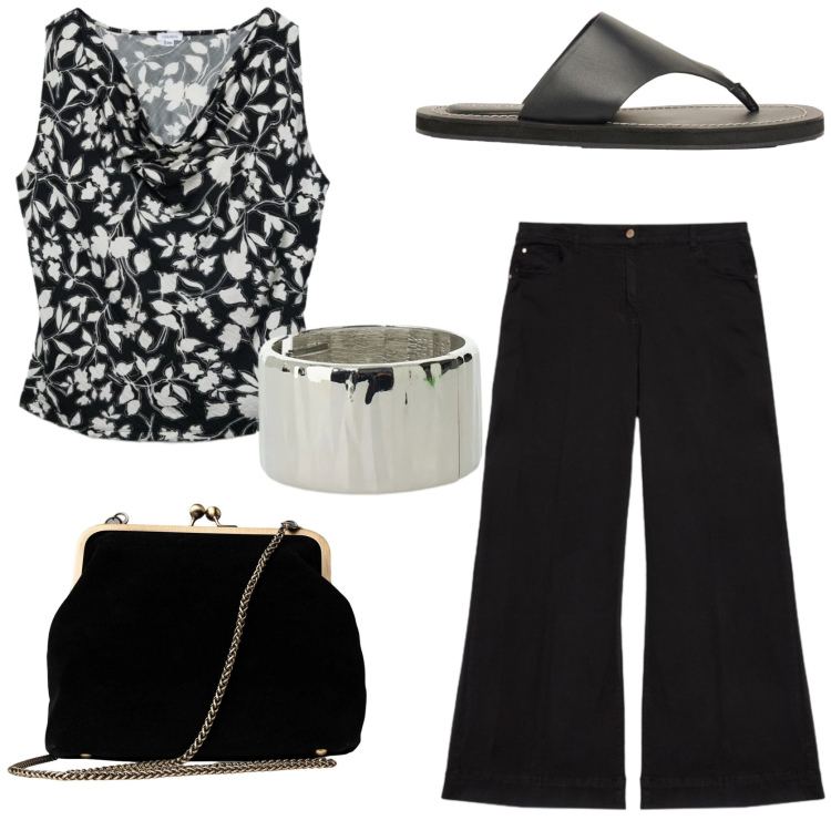 Outfit donna - Minimal chic in vacanza. Stile Minimal per Tutti i giorni. Abbinamento con infradito, canottiere, braccialetti, pantaloni, clutch.