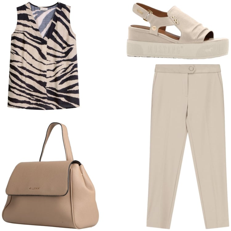 Outfit donna - Stampe animalier in vacanza. Stile Casual chic per Tutti i giorni. Abbinamento con zaini, top, sandali, pantaloni.