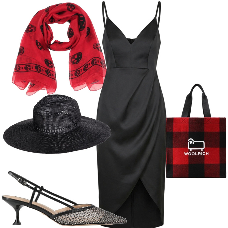 Outfit donna - Chic. Stile Chic per Serata fuori. Abbinamento con décolleté, cappelli, sciarpe, borse tote, vestiti asimmetrici.