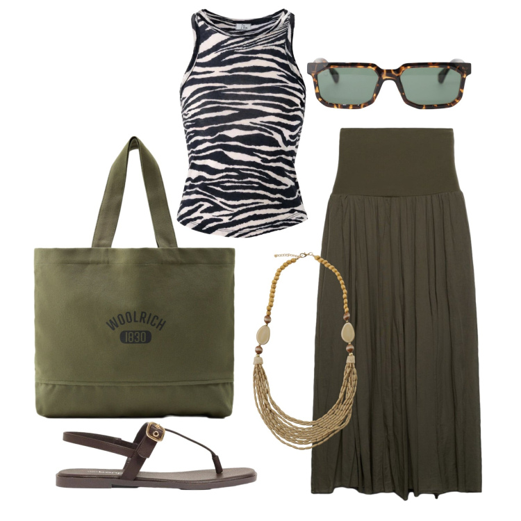 Outfit donna - Luglio. Stile Trendy per Tutti i giorni. Abbinamento con sandali, canottiere, gonne lunghe, borse tote, occhiali da sole, collane.