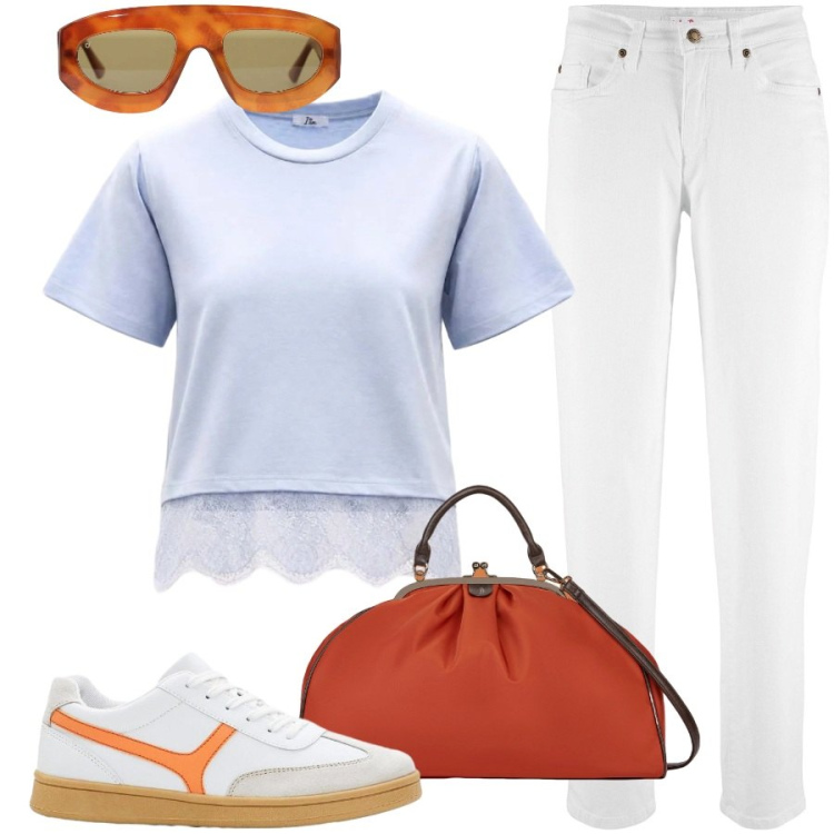 Outfit donna - Qualcosa di arancio. Stile Casual chic per Tutti i giorni. Abbinamento con jeans mom, sneakers, t-shirt, borse a spalla, occhiali da sole.