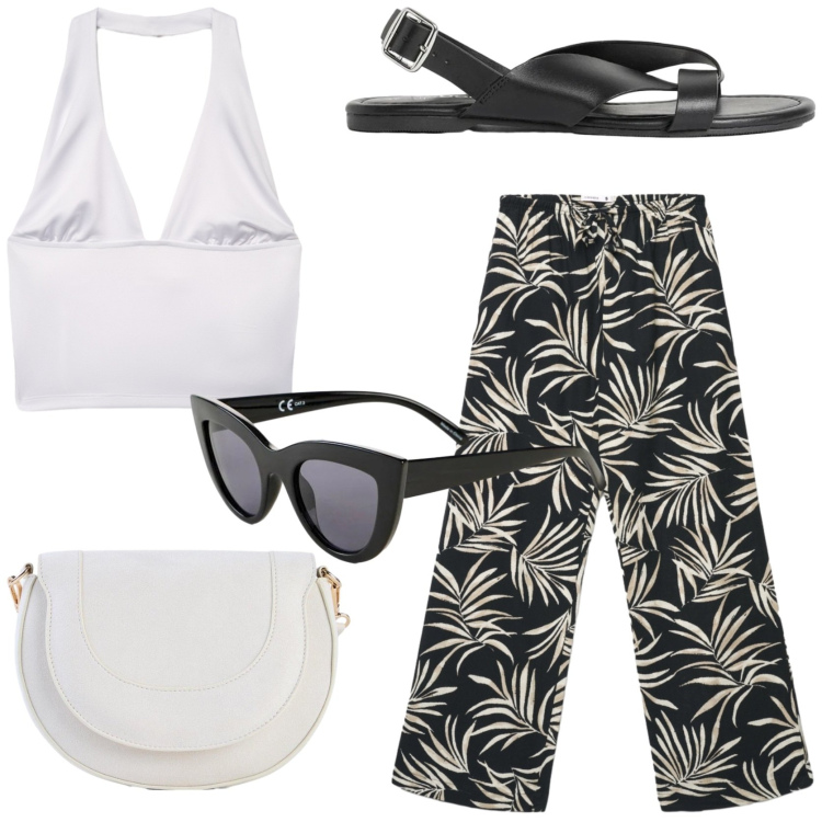 Outfit donna - Easy in città. Stile Urban per Tutti i giorni. Abbinamento con sandali, occhiali da sole, borse a tracolla, pantaloni, top.