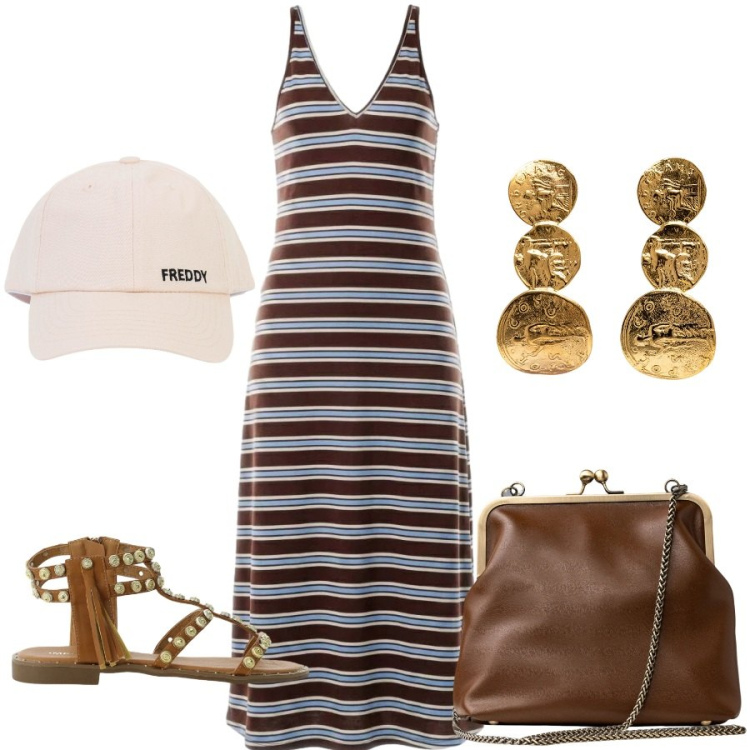 Outfit donna - Total look #2436470. Stile Casual chic per Tutti i giorni. Abbinamento con vestiti lunghi, cappelli con visiera, clutch, orecchini, sandali.