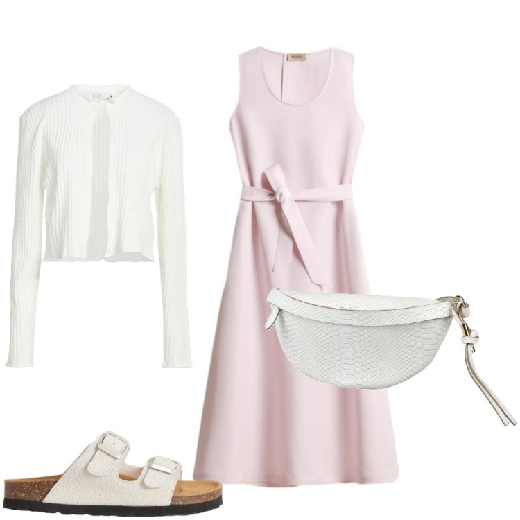 Outfit donna - Total look #2436472. Stile Casual chic per Tutti i giorni. Abbinamento con marsupi, cardigans, vestiti midi/longuette, sandali in pelle.