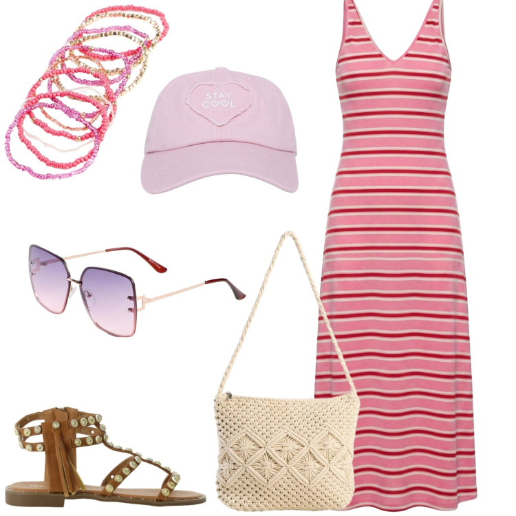Outfit donna - Total look #2436473. Stile Urban per Tutti i giorni. Abbinamento con occhiali da sole, borse a tracolla, braccialetti, vestiti lunghi, cappelli, sandali.