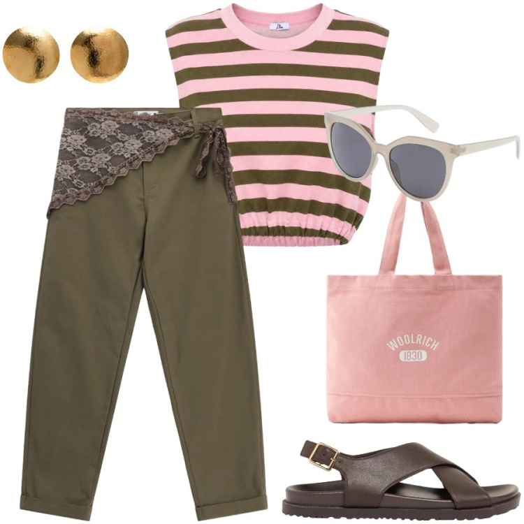 Outfit donna - Passeggiata sulla Senna. Stile Casual chic per Tutti i giorni. Abbinamento con sandali in pelle, occhiali da sole, top, pantaloni, orecchini, borse tote.