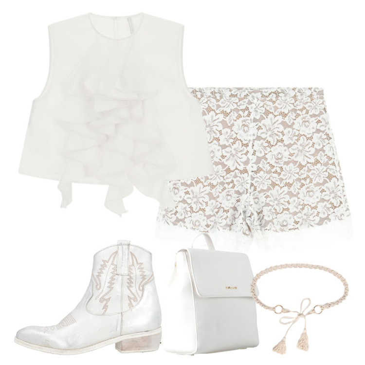 Outfit donna - In bianco stilosa. Stile Trendy per Mare. Abbinamento con zaini, stivaletti texani, shorts, top, cinture.