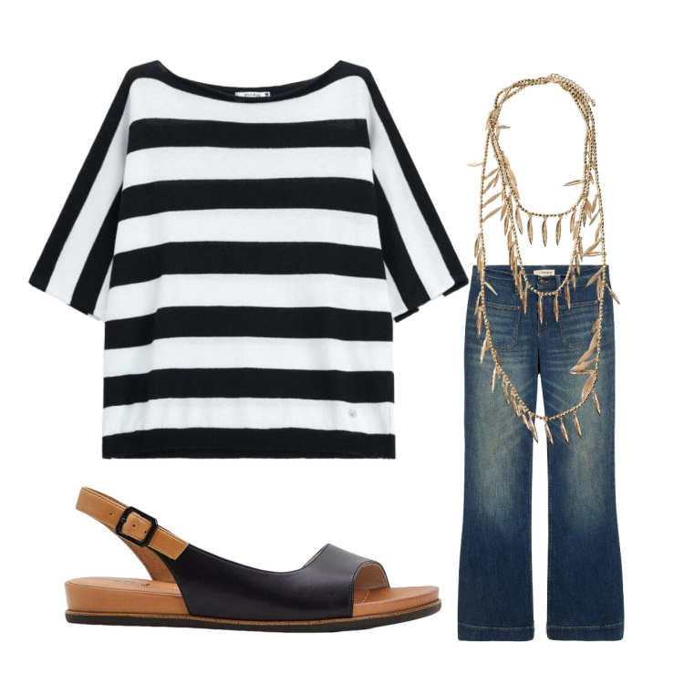Outfit donna - Aperitivo serale. Stile Urban per Serata fuori. Abbinamento con sandali, jeans a zampa, top, collane.