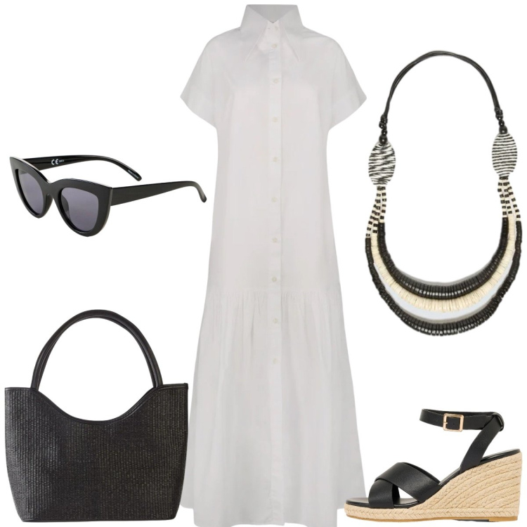 Outfit donna - Black and white. Stile Casual chic per Tutti i giorni. Abbinamento con occhiali da sole, zeppe, shopping bag, collane, vestiti lunghi.