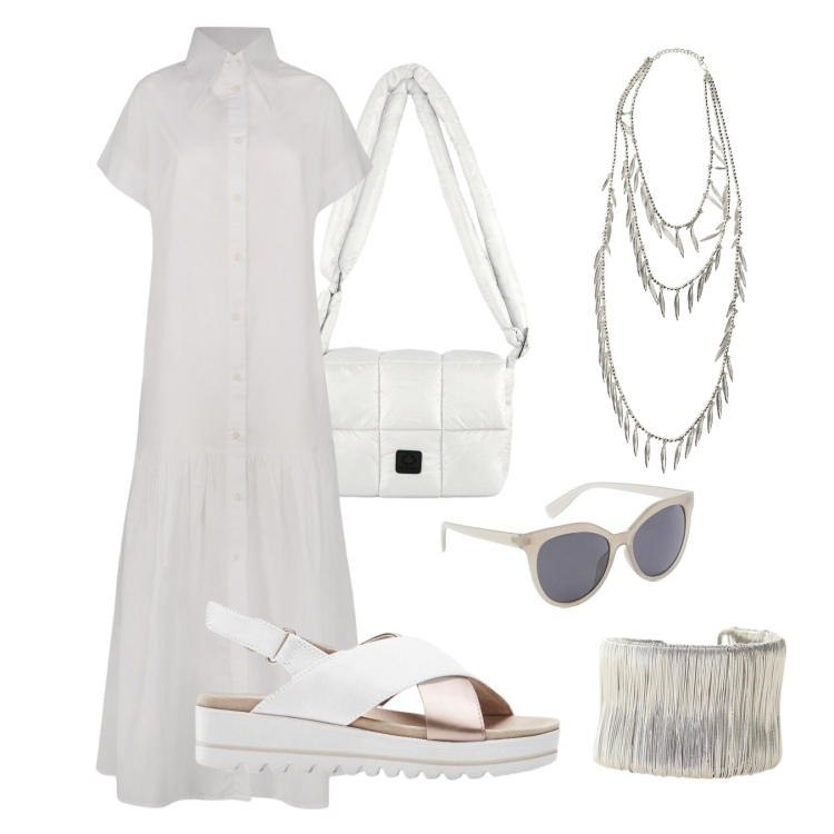 Outfit donna - Bianco e argento. Stile Casual chic per Tutti i giorni. Abbinamento con sandali, occhiali da sole, borse a spalla, vestiti lunghi, collane, braccialetti.