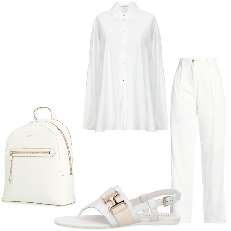 Outfit donna - Bianco d’estate Minimal. Stile Minimal per Tutti i giorni. Abbinamento con pantaloni, zaini, infradito, camicie.