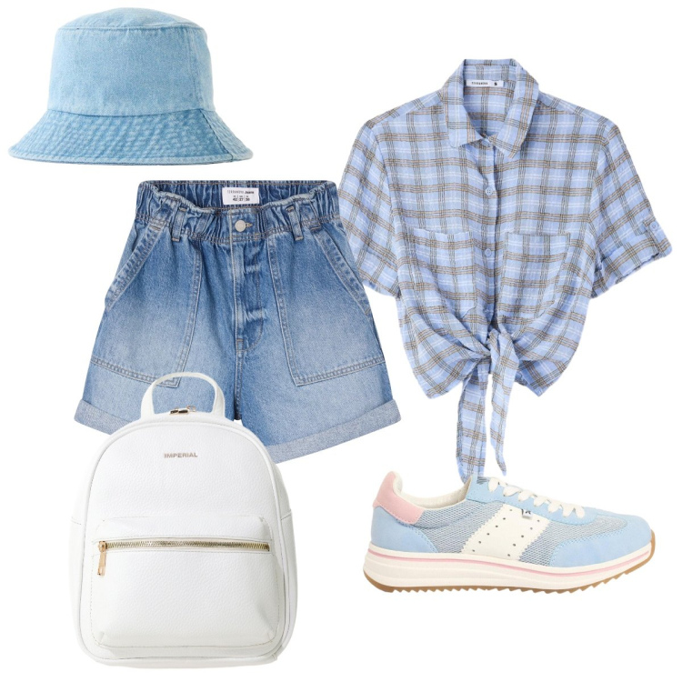Outfit donna - Total look #2436505. Stile Preppy per Tutti i giorni. Abbinamento con sneakers, cappelli, shorts, camicie a manica corta, zaini.