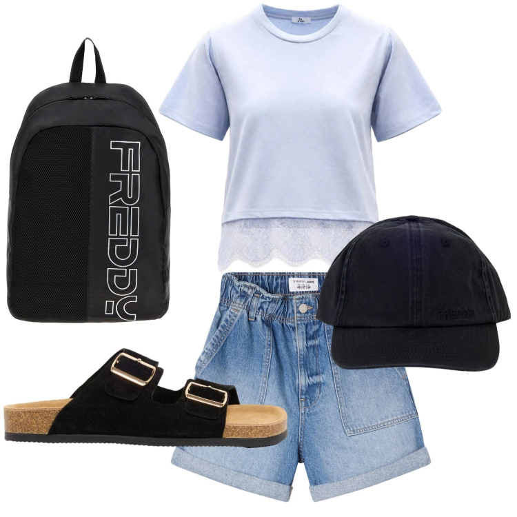 Outfit donna - Weekend nelle città d\'arte. Stile Romantica per Tutti i giorni. Abbinamento con ciabatte, t-shirt, shorts, zaini, cappelli con visiera.
