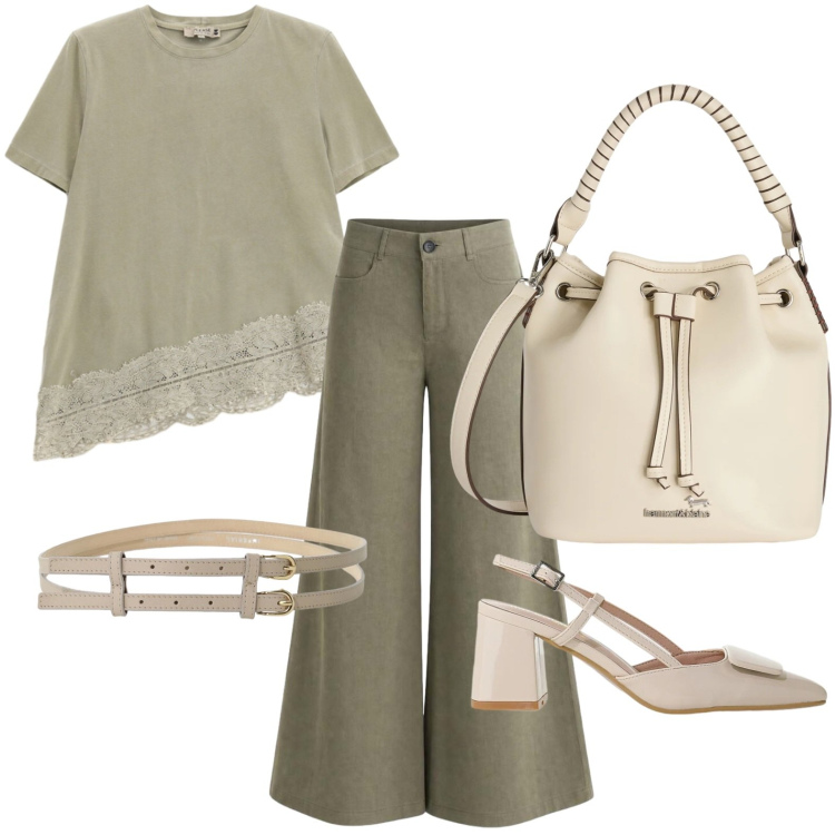 Outfit donna - Look urbano. Stile Casual chic per Ufficio. Abbinamento con pantaloni a palazzo, borse a secchiello, t-shirt, cinture, décolleté.