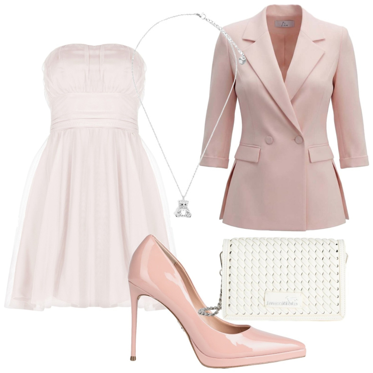 Outfit donna - Cerimonia nei toni cipria. Stile Casual chic per Cerimonia. Abbinamento con décolleté, blazer, borse a tracolla, ciondoli, vestiti corti.