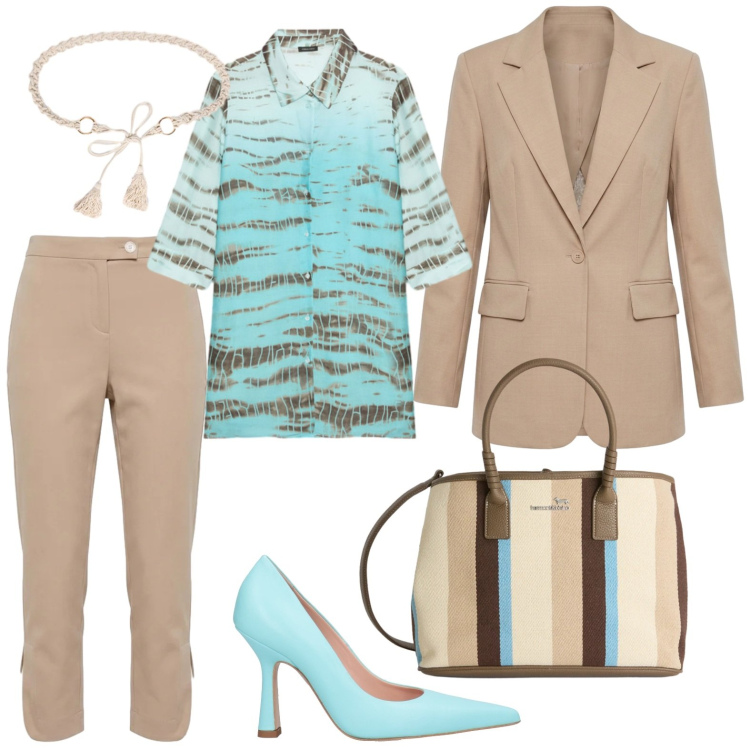 Outfit donna - Urban girl. Stile Casual per Ufficio. Abbinamento con décolleté, blazer, pantaloni, shopping bag, cinture, camicie.