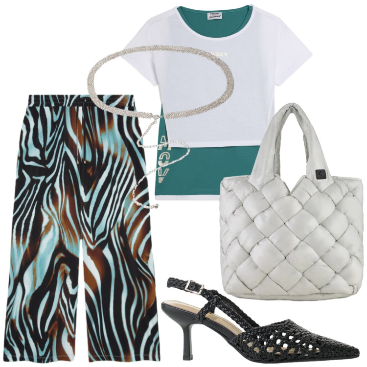 Outfit donna - Texture savana. Stile Casual per Ufficio. Abbinamento con décolleté, cinture, pantaloni a palazzo, t-shirt, borse tote.
