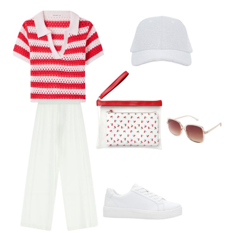 Outfit donna - Tempo libero. Stile Casual per Tutti i giorni. Abbinamento con sneakers, occhiali da sole, cappelli con visiera, t-shirt, pochette, pantaloni a palazzo.