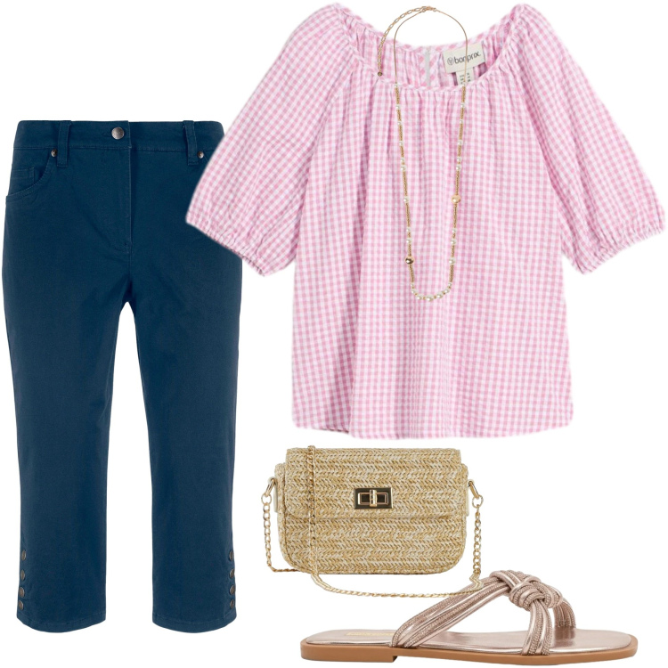 Outfit donna - Camicia a quadretti. Stile Casual per Tutti i giorni. Abbinamento con bluse, pantaloni capri, borse a tracolla, sandali, collane.