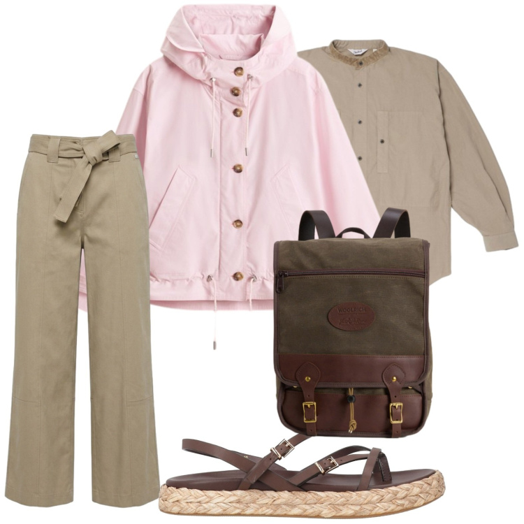 Outfit donna - In città. Stile Casual chic per Ufficio. Abbinamento con infradito, pantaloni, zaini, parka, camicie.