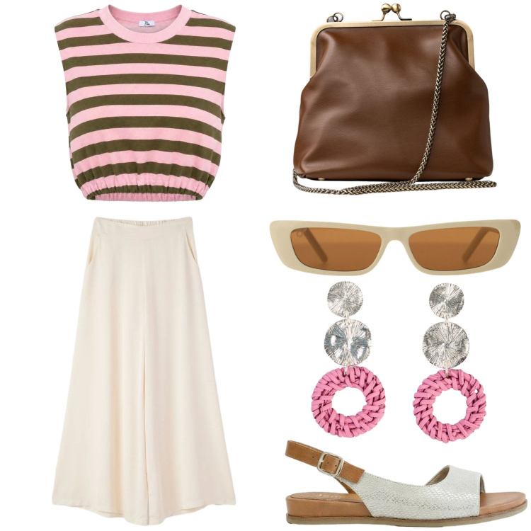 Outfit donna - in ufficio a luglio. Stile Casual chic per Ufficio. Abbinamento con sandali, orecchini, top, pantaloni, clutch, occhiali da sole.