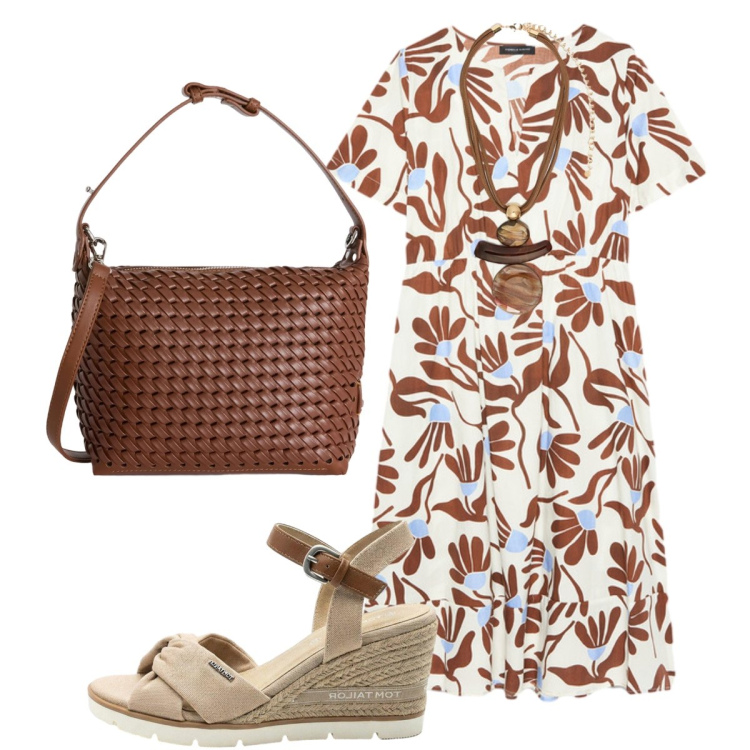 Outfit donna - In città. Stile Bon Ton per Tutti i giorni. Abbinamento con sandali col tacco, borse a spalla, vestiti lunghi, ciondoli.