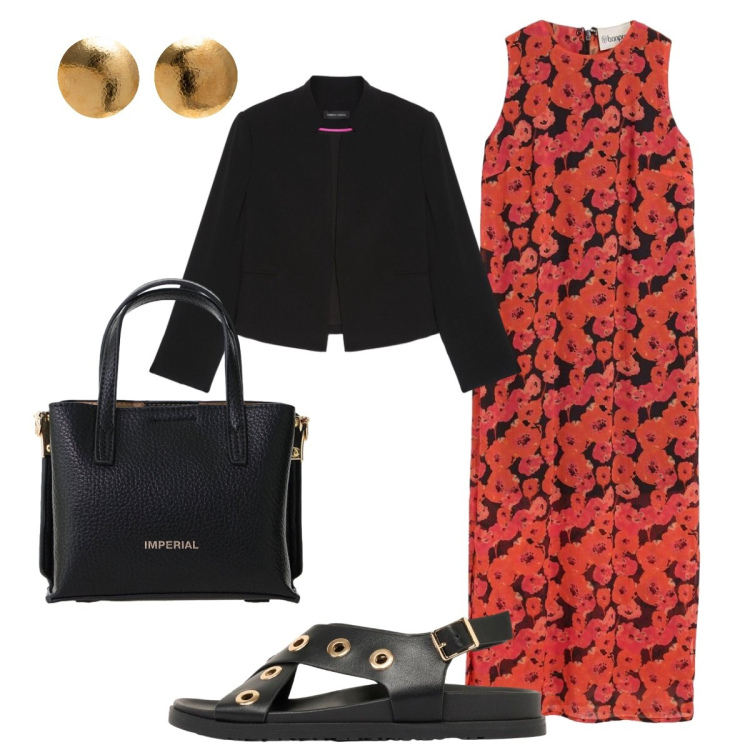 Outfit donna - L’abito rosso che illumina. Stile Bon Ton per Tutti i giorni. Abbinamento con vestiti lunghi, sandali, blazer, orecchini, borse a tracolla.