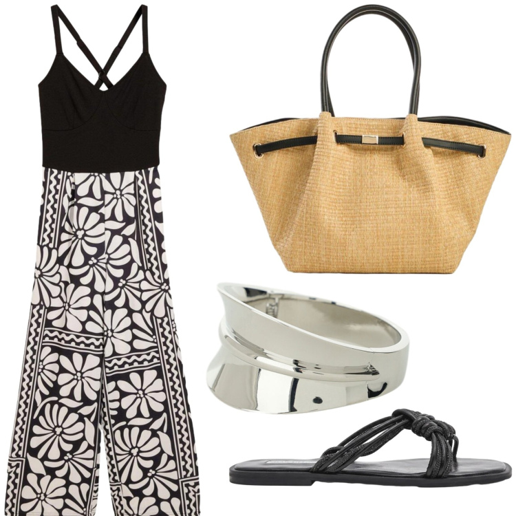 Outfit donna - La tuta boho chic. Stile Boho per Tutti i giorni. Abbinamento con tute, shopping bag, sandali, braccialetti.
