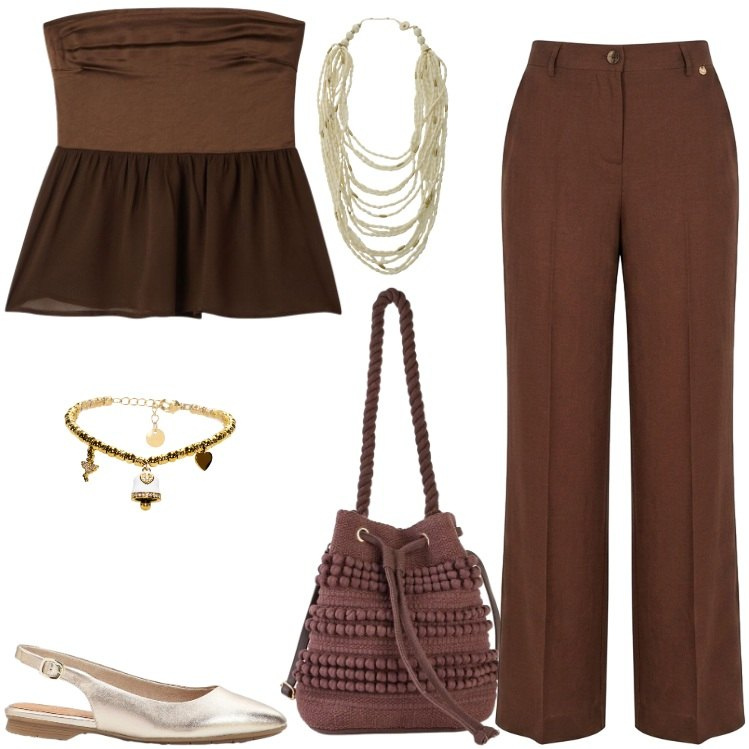 Outfit donna - Aperitivo. Stile Romantica per Serata fuori. Abbinamento con borse a secchiello, ballerine, top, braccialetti, pantaloni, collane.