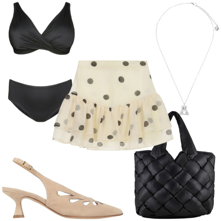 Outfit donna - Drappeggi e Ruches - e pois. Stile Trendy per Mare. Abbinamento con décolleté, minigonne, bikini, ciondoli, borse tote.