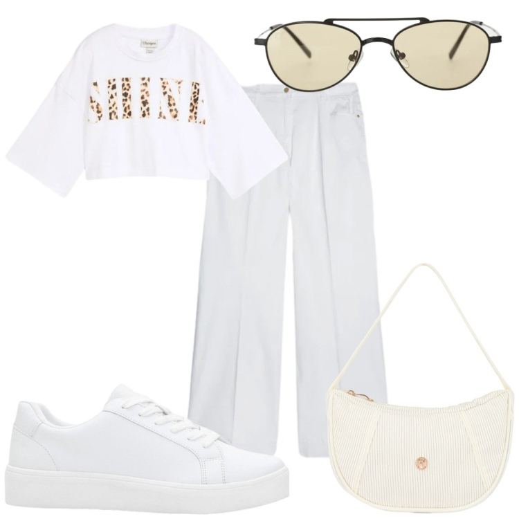 Outfit donna - Bianco d’estate : sportiva. Stile Basic per Tutti i giorni. Abbinamento con t-shirt, sneakers, occhiali da sole, pantaloni, borse a mano.