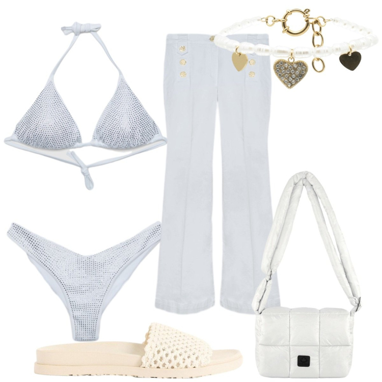 Outfit donna - Bianco d’estate: al mare. Stile Trendy per Mare. Abbinamento con ciabatte, bikini, bikini, jeans, braccialetti, borse a spalla.