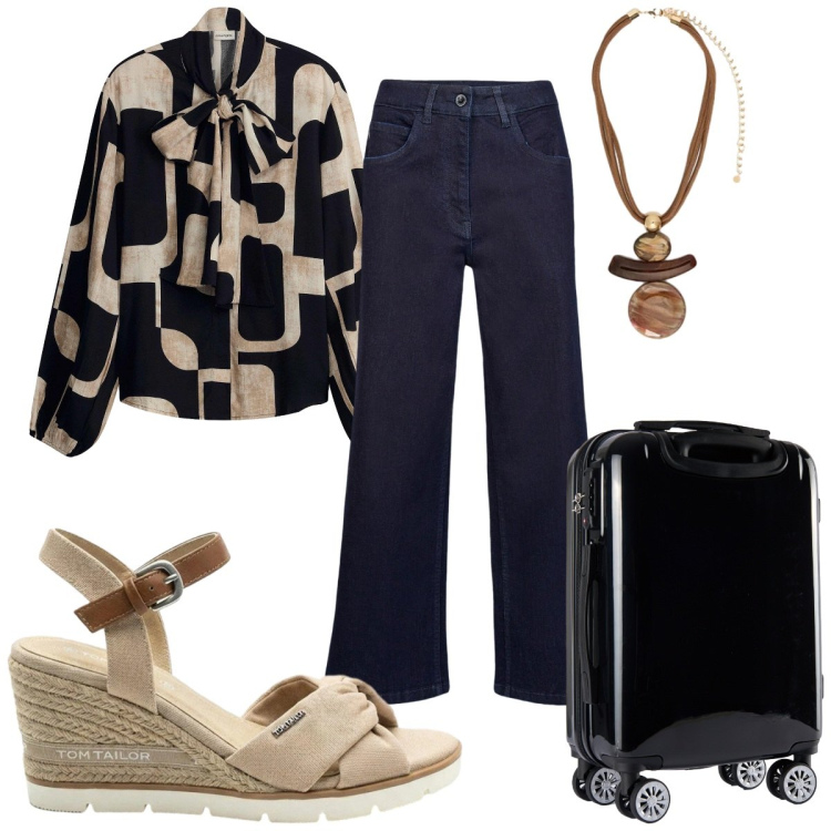 Outfit donna - Una camicia e sei in vacanza: 70s. Stile 70s per Tutti i giorni. Abbinamento con camicie, sandali col tacco, ciondoli, pantaloni, valigie.