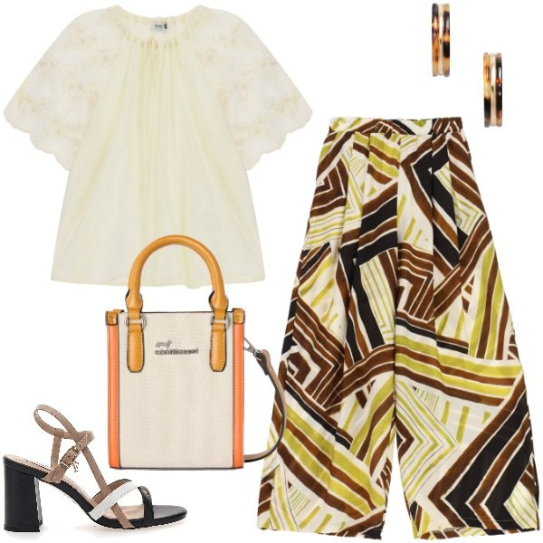 Outfit donna - Total look #2436542. Stile Basic per Tutti i giorni. Abbinamento con borse tote, orecchini, pantaloni a palazzo, bluse, sandali col tacco.