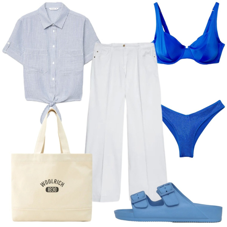 Outfit donna - Una camicia e sei in vacanza: al mare. Stile Trendy per Mare. Abbinamento con ciabatte, camicie a manica corta, bikini, bikini, pantaloni, borse tote.
