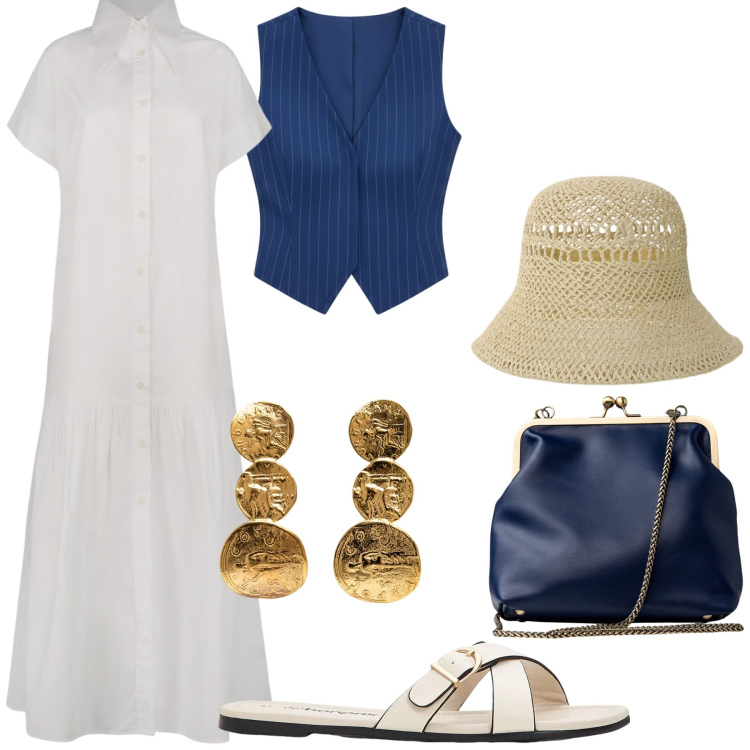 Outfit donna - Oro Blu e Bianco. Stile Boho per Tutti i giorni. Abbinamento con ciabatte, gilet, cappelli, vestiti lunghi, clutch, orecchini.