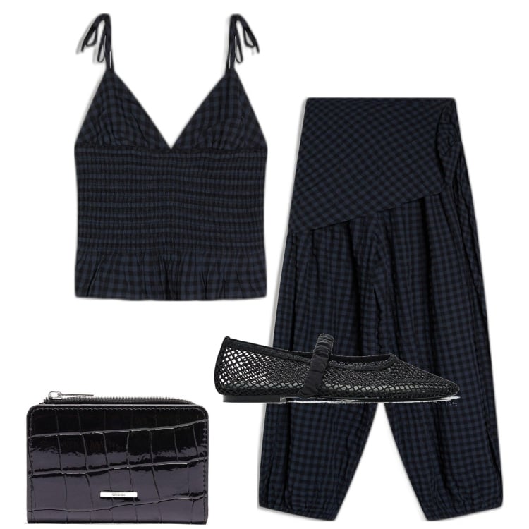 Outfit mujer - Preppy #415. Estilo Preppy para Todos los días. Combinación con pantalones, bailarinas, top, monederos.