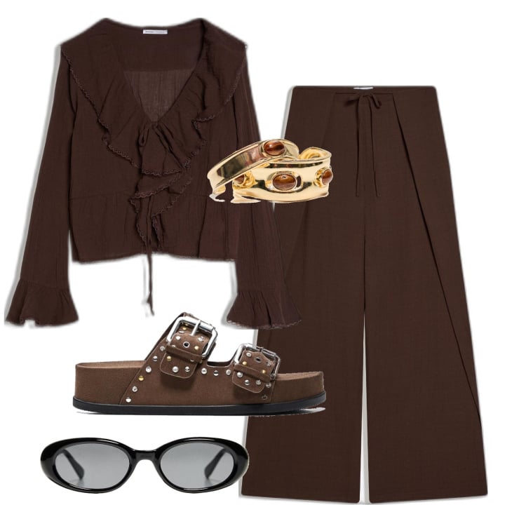 Outfit mujer - Casual #6346. Estilo Casual para Todos los días. Combinación con blusas, pantalones, pulseras, gafas de sol, sandalias.