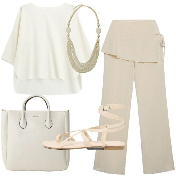 Outfit donna - naturalmente luminosa. Stile Casual chic per Tutti i giorni. Abbinamento con sandali, pantaloni, bluse, borse a tracolla, collane.