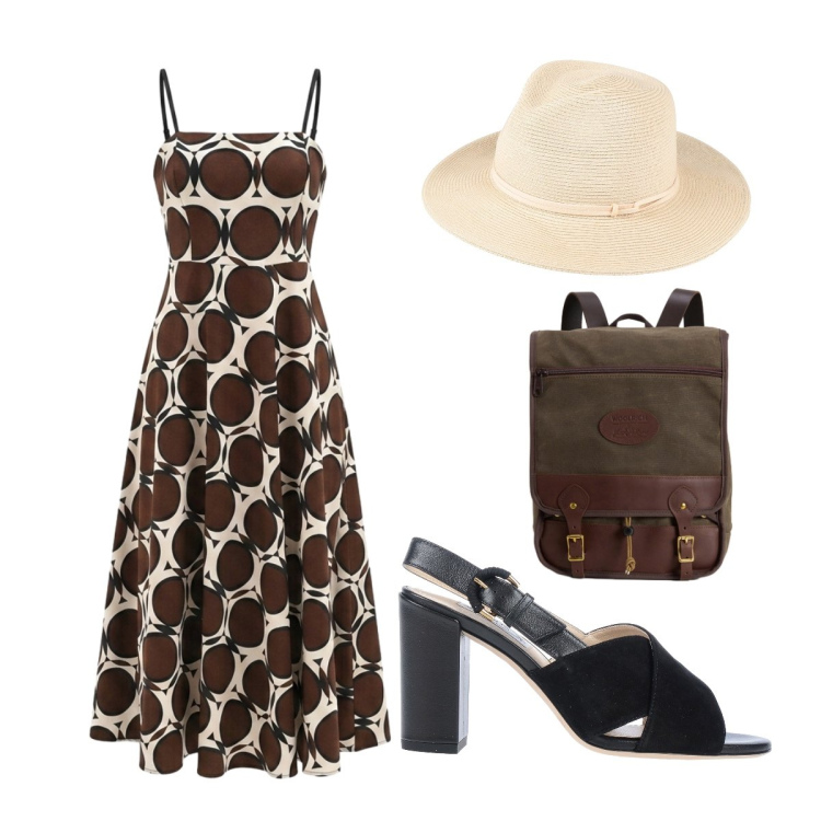 Outfit donna - Turista a Venezia. Stile Vintage retrò per Tutti i giorni. Abbinamento con cappelli, sandali in pelle, zaini, vestiti midi/longuette.