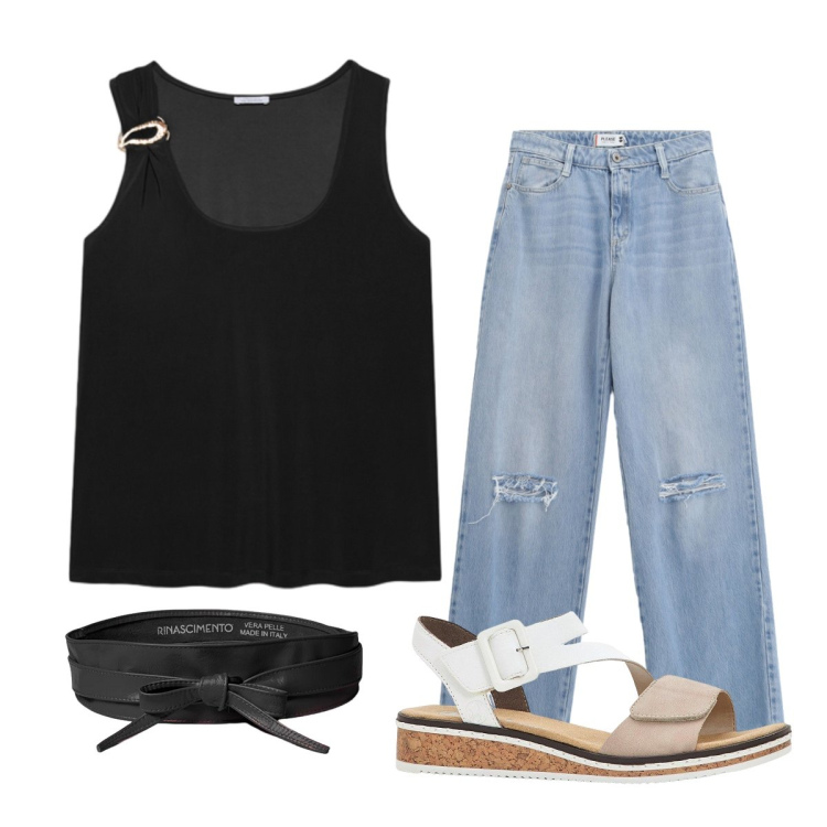 Outfit donna - Luglio. Stile Urban per Tutti i giorni. Abbinamento con sandali, jeans strappati, cinture, canottiere.