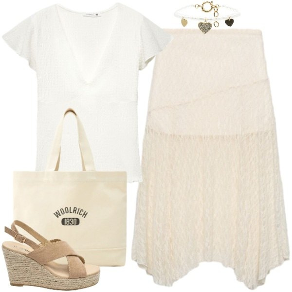 Outfit donna - gonna in pizzo. Stile Boho per Tutti i giorni. Abbinamento con braccialetti, borse tote, t-shirt, gonne longuette, sandali col tacco.