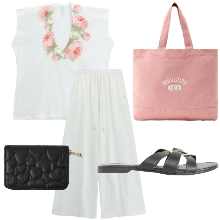 Outfit donna - T-shirt con rose rampicanti. Stile Trendy per Tutti i giorni. Abbinamento con ciabatte, portafogli, pantaloni a palazzo, top, borse tote.