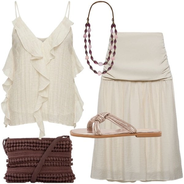 Outfit donna - sabbia. Stile Boho per Tutti i giorni. Abbinamento con borse a tracolla, gonne longuette, sandali, canottiere, collane.