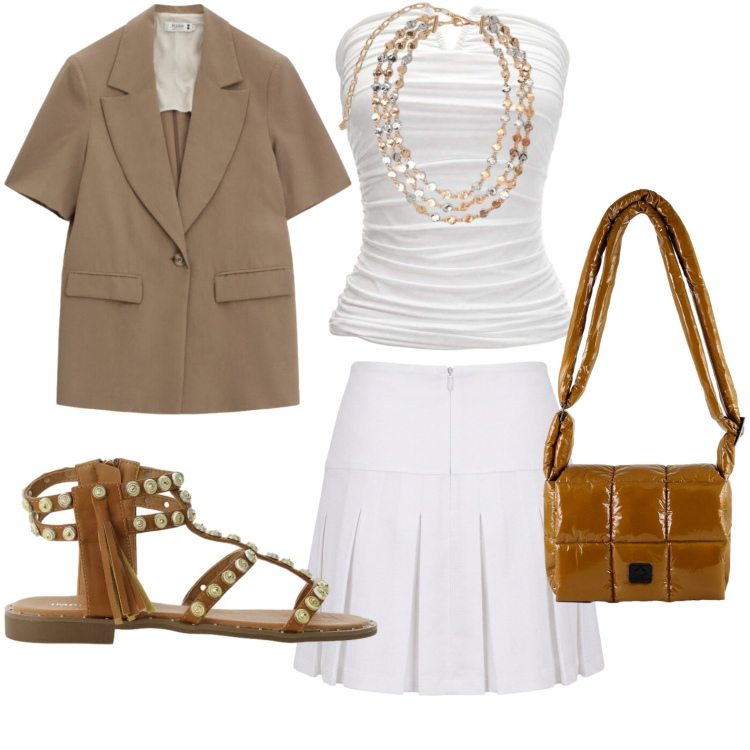 Outfit donna - Collana luminosa. Stile Bon Ton per Tutti i giorni. Abbinamento con minigonne, sandali, blazer, top, collane, borse a spalla.