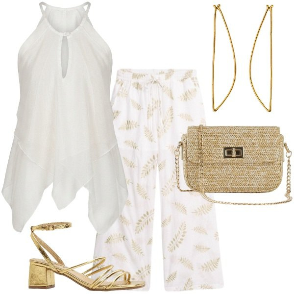 Outfit donna - Total look #2436616. Stile Boho per Tutti i giorni. Abbinamento con orecchini, canottiere, pantaloni a palazzo, sandali col tacco, borse a tracolla.