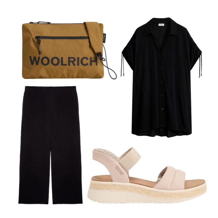 Outfit donna - Serata di luglio. Stile Minimal per Serata fuori. Abbinamento con sandali, camicie a manica corta, pantaloni, borse a tracolla.