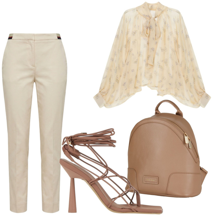 Outfit donna - Tonalità sabbia. Stile Casual per Ufficio. Abbinamento con ciabatte, zaini, pantaloni chino, bluse.